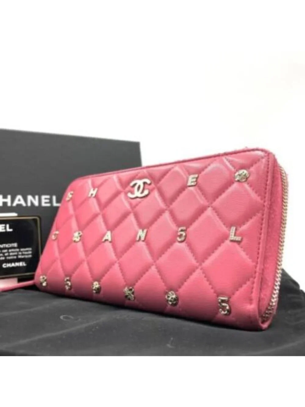 Chanel Pink Lambskin Rhinestone Quilted Long Wallet Lucky Charm Camellia